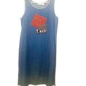 PNINA Denim Artsy Boho  Maxi Dress 2X  Blue Pullover Jumper Sleeveless  Womens